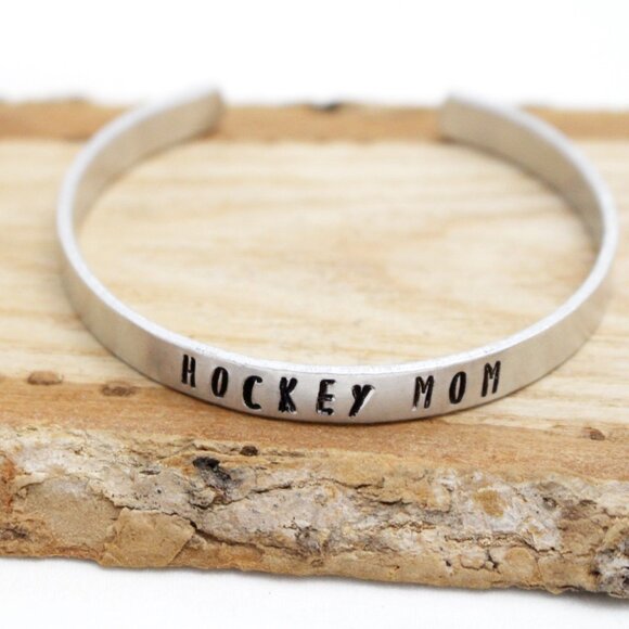 Hockey Mom - Hand Stamped Anodized Aluminum Bangle - Adjustable - Picture 6 of 11